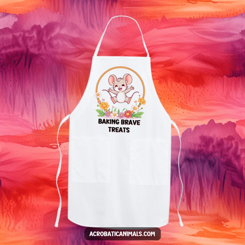 Funny mouse leaping apron, showing a brave mouse jumping through a flower hoop. Humorous kitchen wear for those who embrace challenges.