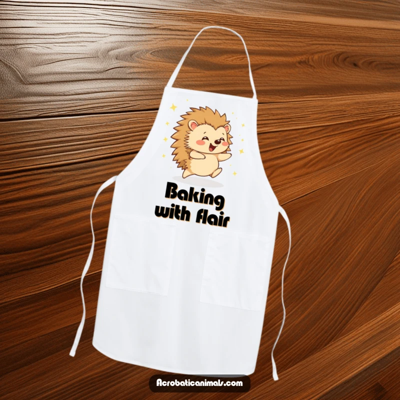 Funny hedgehog cartwheel apron, showing a happy hedgehog cartwheeling with sparkles, ready for culinary fun. Humorous kitchen gift.