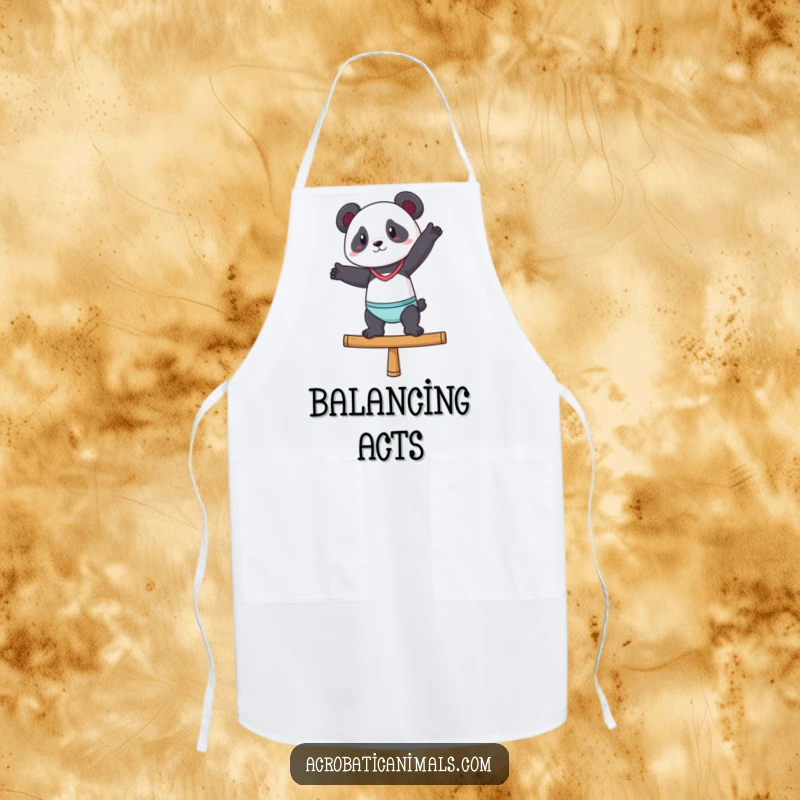 Funny apron design with a panda in a gymnast pose on a balance beam, adding humor to cooking.