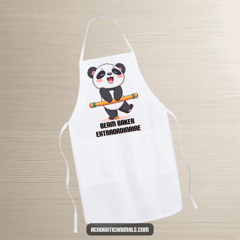 Funny panda bear apron showing a giggling bear balancing on a colorful exercise beam, great for kitchen fun, a unique funny gift.