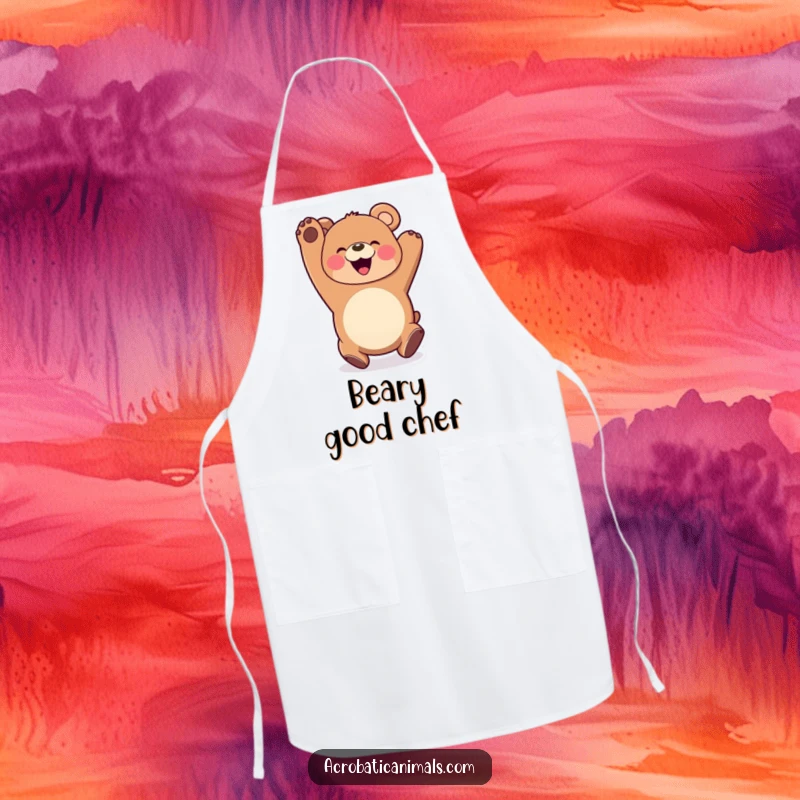 Funny Bear Somersault Apron: Features a happy bear somersaulting with a wide smile, kitchen wear designed for chefs and home cooks who love humor.