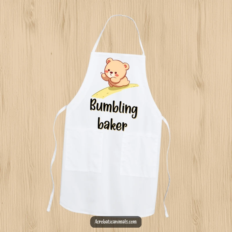 Funny apron design with a bear cub rolling down a hill, adding humor and cuteness to kitchen activities.