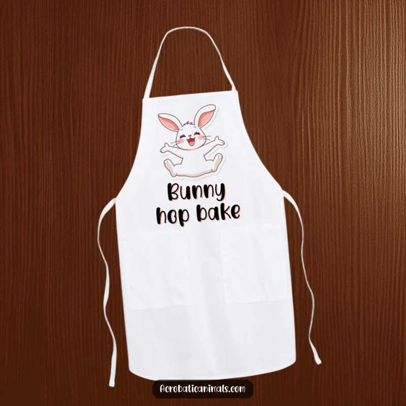 Funny rabbit apron with a joyous bunny performing a split jump, ears flopping, ideal for kitchen fun and humorous cooking.