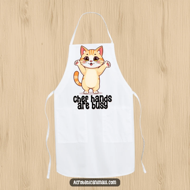 Funny apron showing a proud cat performing a handstand, ready for kitchen adventures with a humorous twist. Excellent gift.