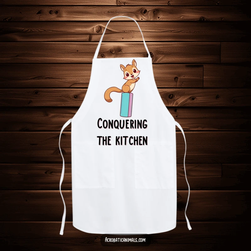 Funny squirrel climbing apron, showing a determined squirrel scaling a colorful bar. Humorous kitchen wear, perfect for aspiring chefs.