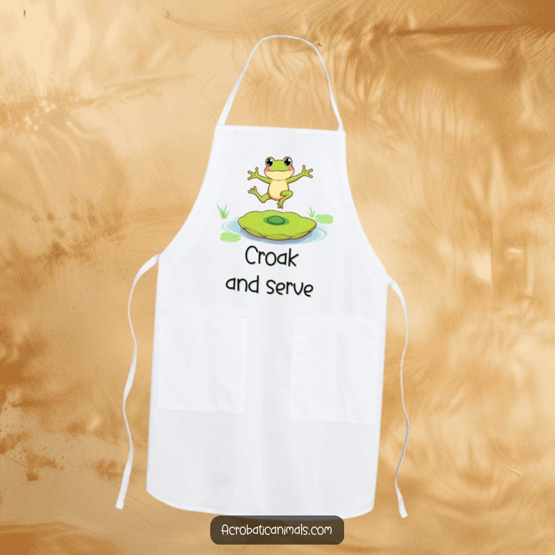 Funny apron showcasing a leaping frog character in a determined balancing pose on a spinning lily pad, ready for kitchen fun.