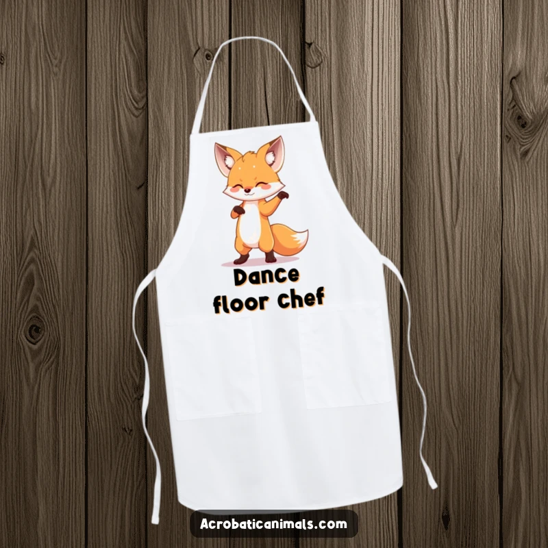 Funny fox striking a dramatic dance pose printed on a durable kitchen apron, designed for cooks who enjoy performing in the kitchen.
