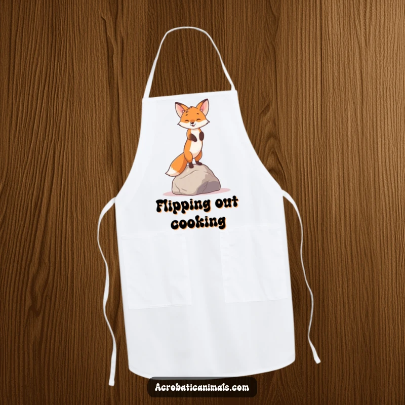 Funny apron with a curious fox performing a handstand on a rock, adding humor to cooking and baking.