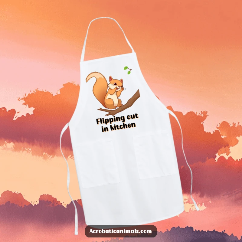 Funny squirrel apron showing a curious squirrel doing a somersault on a branch, adding humor to kitchen activities.