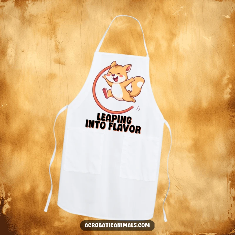 Funny apron illustrating an agile animal performing a spectacular hoop jump, perfect for adding humor to any kitchen task.