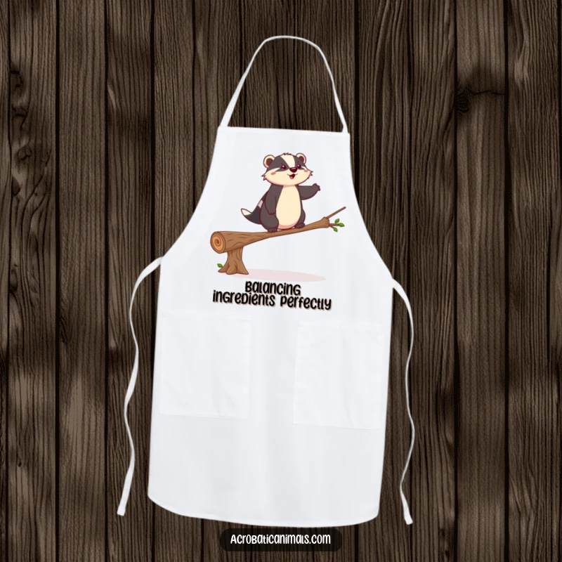 Funny badger apron depicting a balancing act, ideal for kitchen focus and a steady funny gift for cooks.