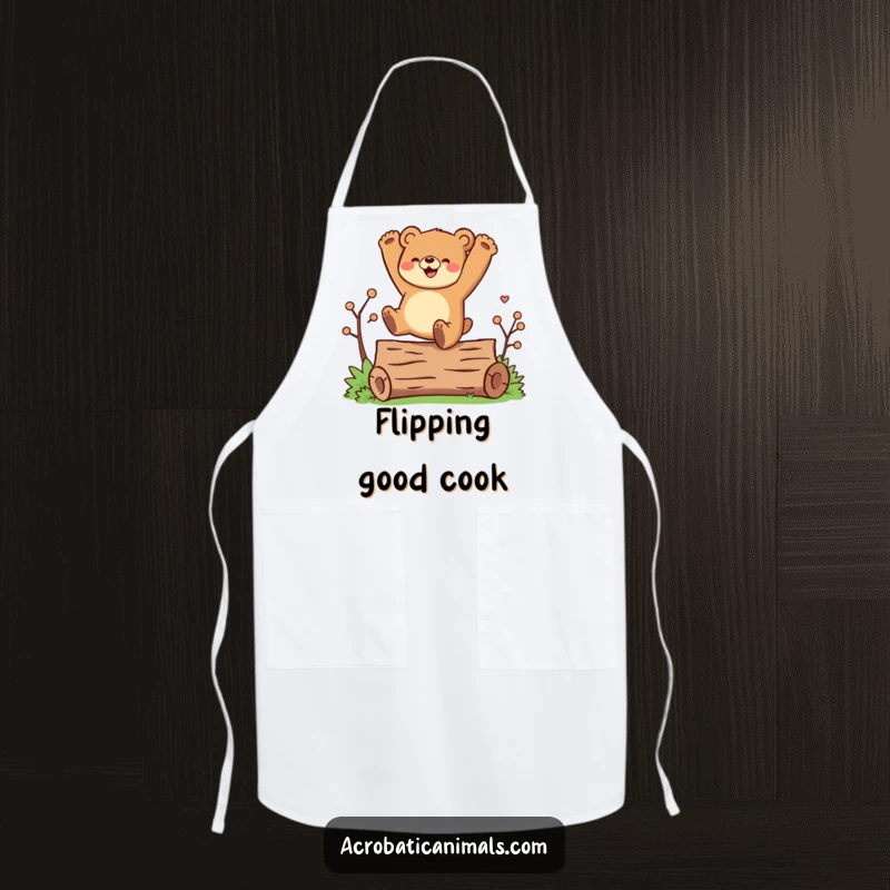 Funny apron featuring a joyful bear character performing a cartwheel over a log, perfect for a fun and protective kitchen experience.