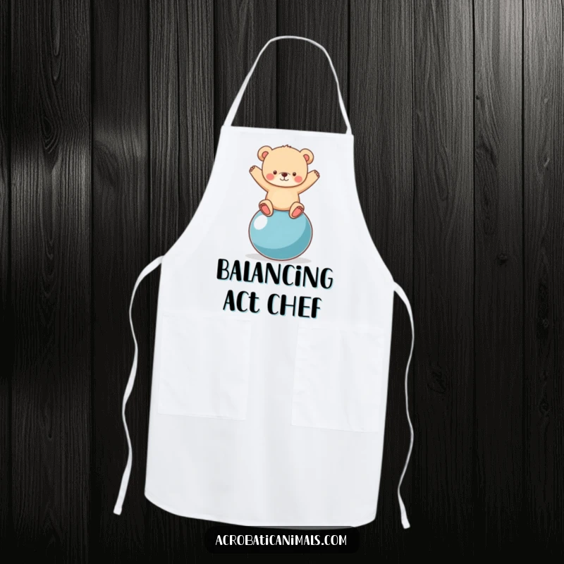 Funny bear cub balancing on a yoga ball printed on a durable kitchen apron, designed for cooks who love humor.