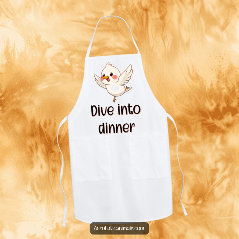 Funny apron with a happy bird performing a graceful dive, adding humor and elegance to cooking.