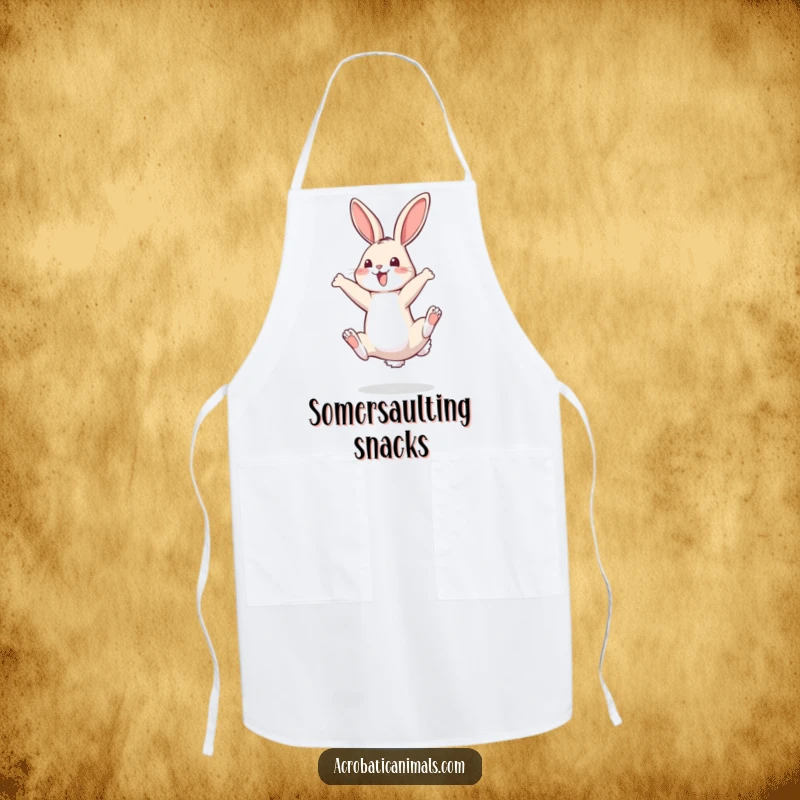 Funny apron featuring a bouncy bunny performing a perfect somersault, ready to add fun to any cooking task.