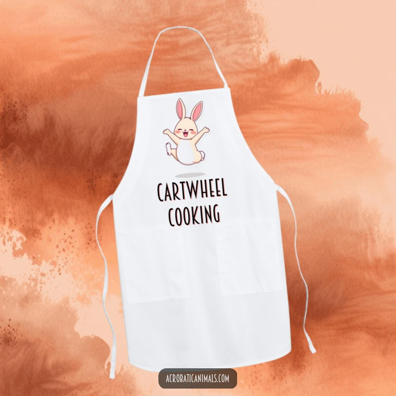 Funny bunny doing a cartwheel printed on a durable kitchen apron, designed for cooks who enjoy adding cheer to meal prep.
