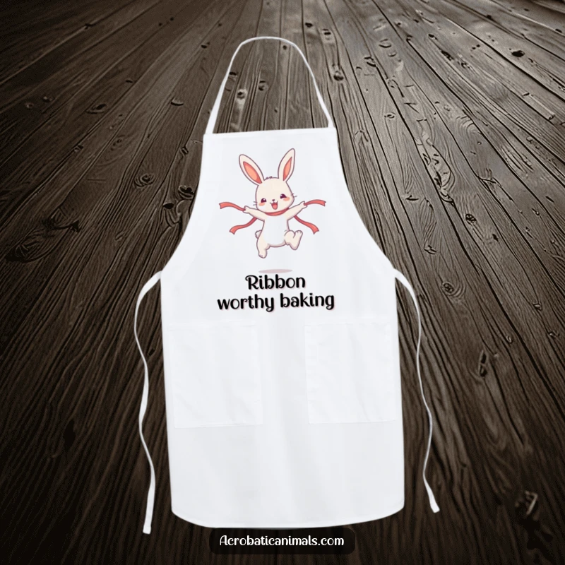Funny Bunny Apron: A cute bunny character performs a high jump with a ribbon, adding playful spirit to cooking.