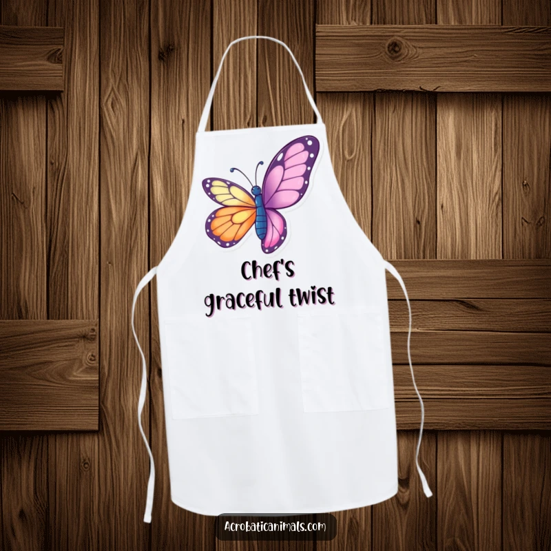 Funny butterfly apron showing a vibrant butterfly doing a graceful aerial twist, adding elegance and humor to cooking.