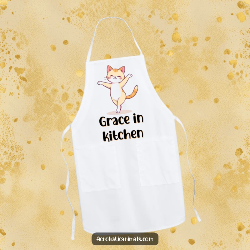 Funny cat apron with a cute feline executing a graceful arabesque ballet pose on a balance beam, perfect for kitchen humor.
