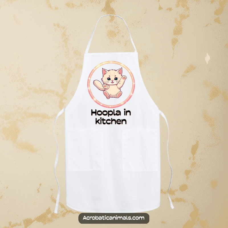 Funny cat leaping through a glittering hoop printed on a durable kitchen apron, designed for chefs with a flair for the dramatic.