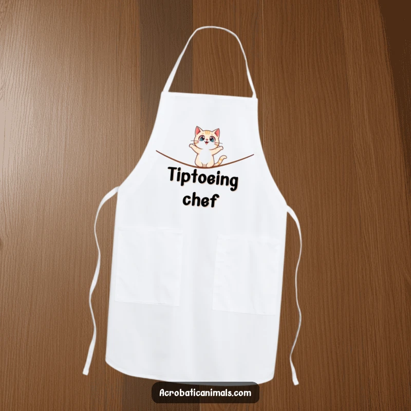 Funny apron featuring a surprised cat character balancing on a tightrope, perfect for adding a dose of feline drama to cooking.