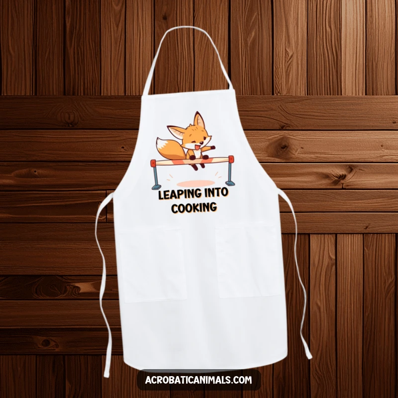 Funny fox apron showing a determined fox with a wide grin leaping over a hurdle, bringing humor to cooking.