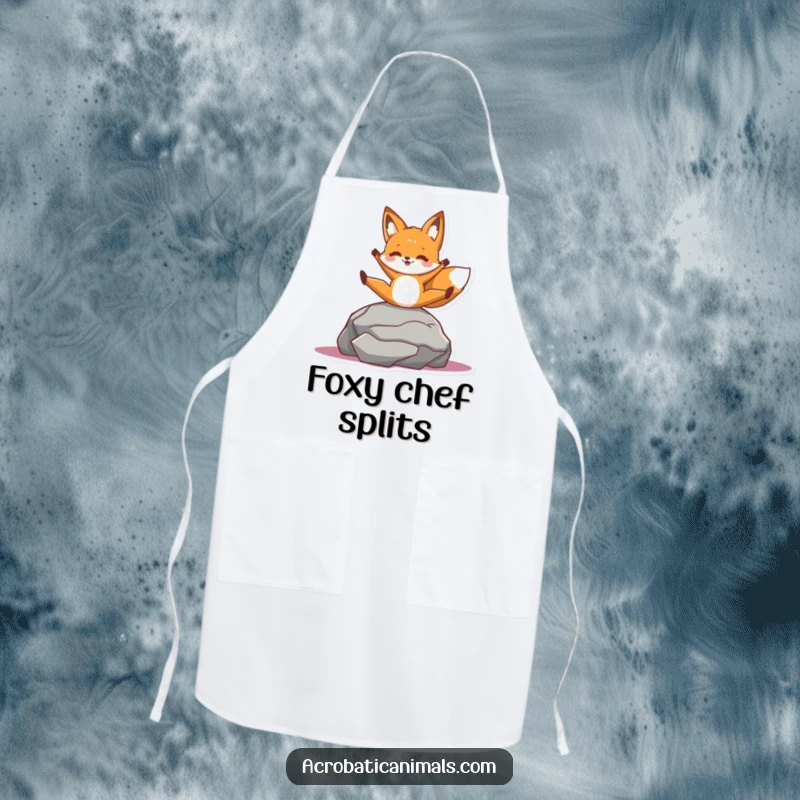 Funny apron featuring a cheerful fox character in a split on a rock, perfect for a stylish and humorous cooking experience.