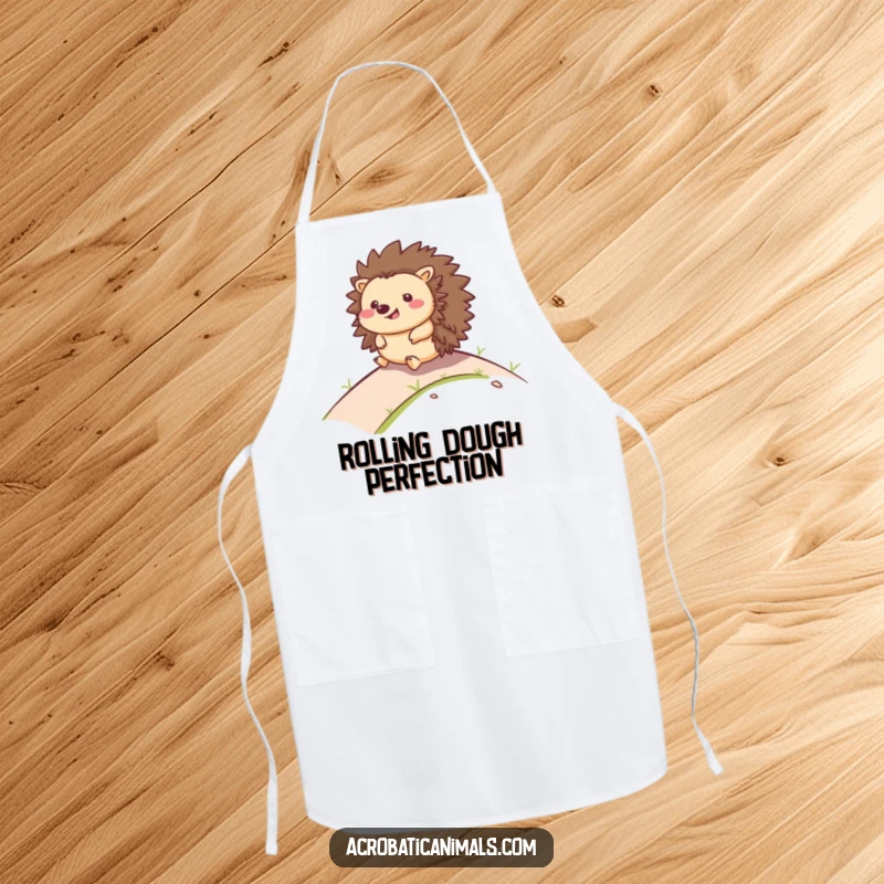 Funny apron featuring a happy hedgehog rolling downhill with a smile, making kitchen tasks more enjoyable and humorous.
