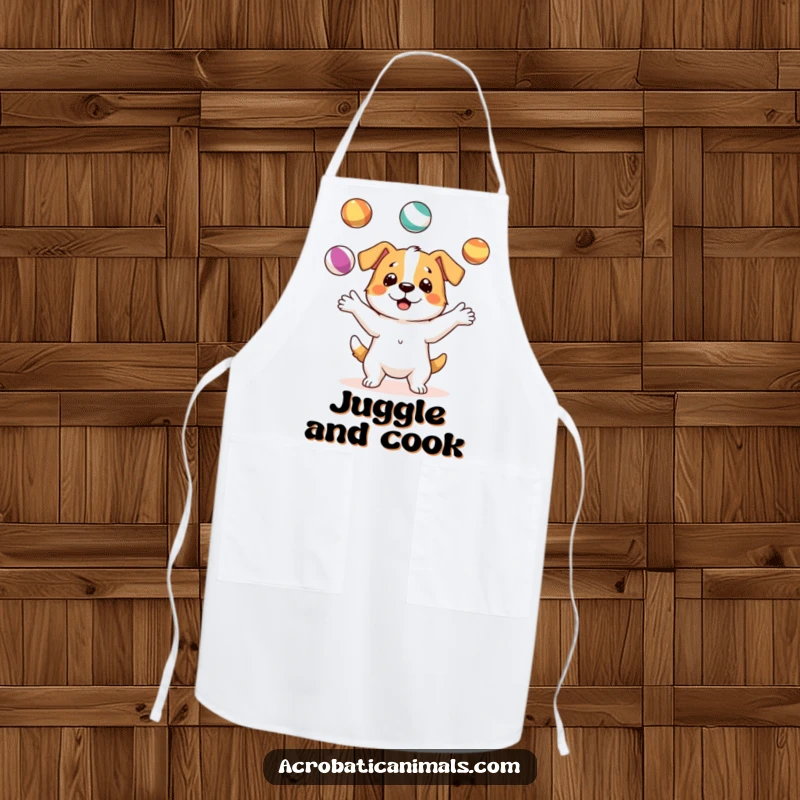 Funny apron showing a dog character impressively juggling three colorful balls, ready for kitchen antics and humorous clean-ups.