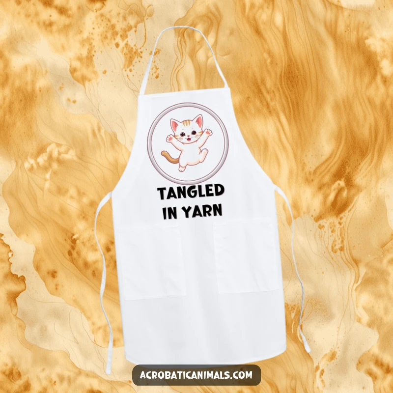 Funny Kitten Hula Hoop Apron showing a cute kitten performing a hula hoop trick while cooking, adding humor to meal prep.