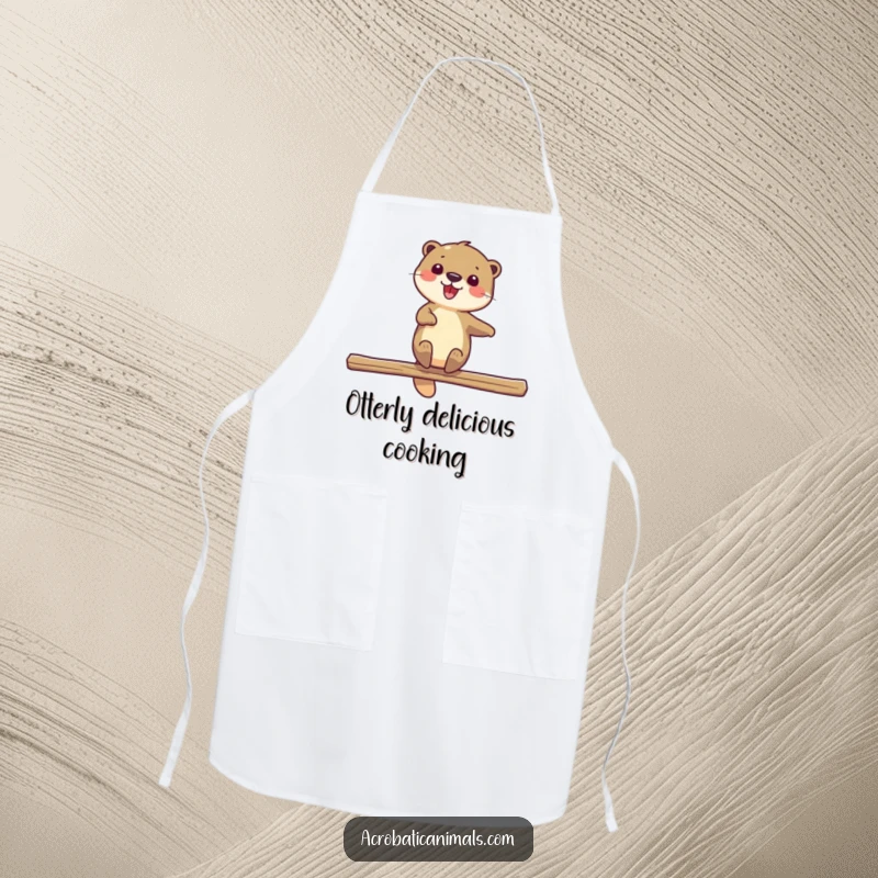Funny apron depicting a delighted otter spinning on a beam, adding humor and aquatic flair to kitchen activities. Excellent gift.