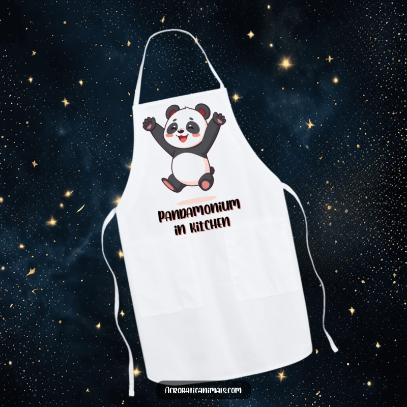 Funny Panda Acrobat Apron: Features a joyful panda performing a split jump, kitchen wear designed for chefs and home cooks who love humor.