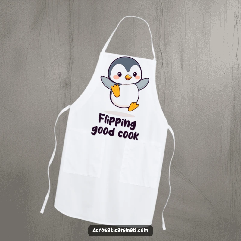 Funny Penguin Flipper Balance Apron: Features a leaping penguin balancing on one flipper, kitchen wear designed for chefs and home cooks who love humor.