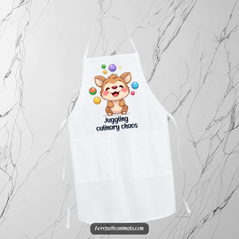 Funny apron illustrating a playful animal skillfully juggling colorful balls on its nose, perfect for adding humor to culinary creations.