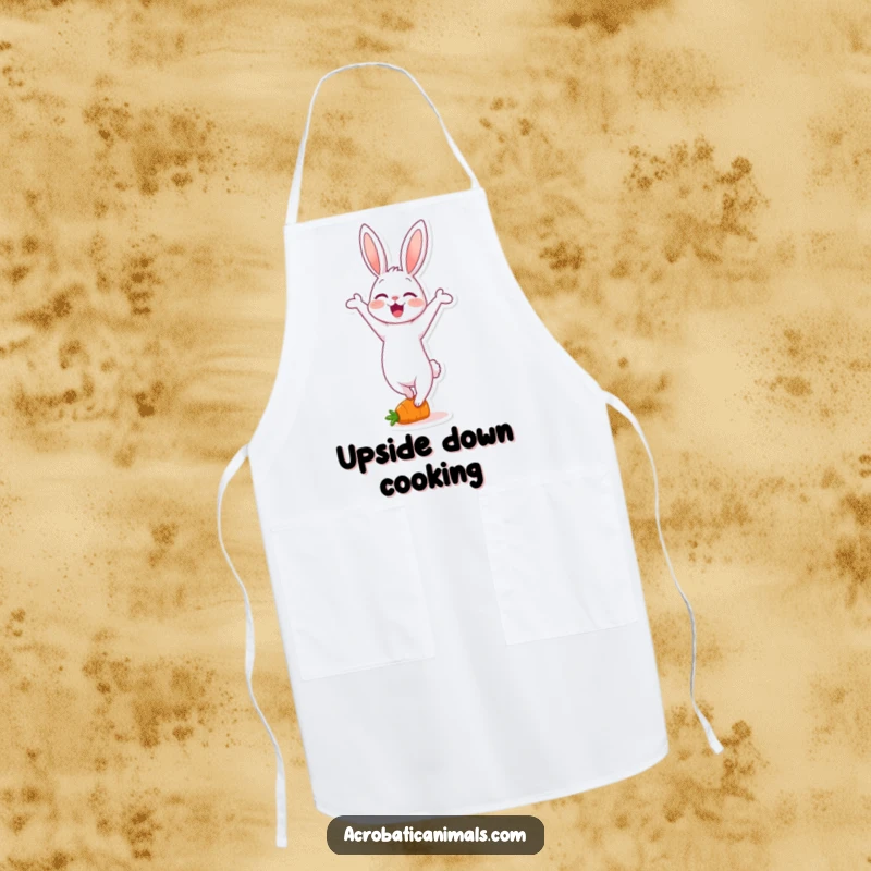 Funny apron showing a delighted rabbit character performing a handstand on a small carrot, ready for kitchen adventures with a smile.