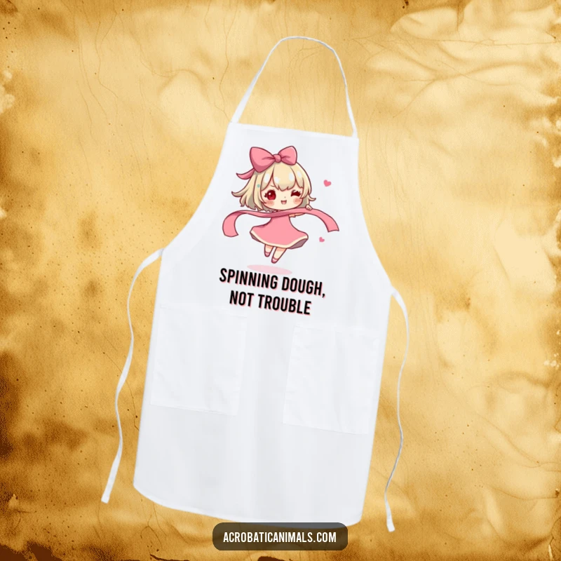 Funny Apron: A cute character spinning a ribbon with carefree delight, making kitchen tasks more enjoyable and cheerful.