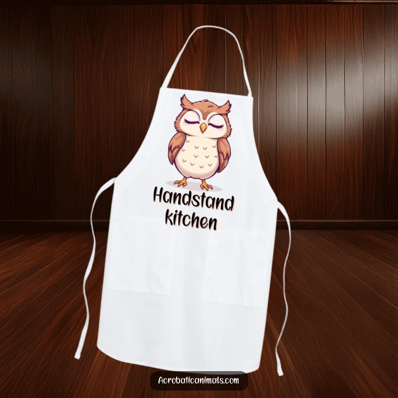 Funny sleepy owl attempting a handstand with a smile printed on a durable kitchen apron, designed for cooks who appreciate perseverance.