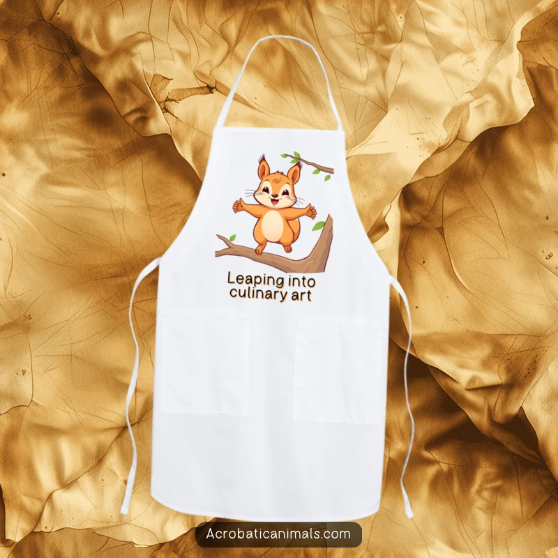 Funny squirrel apron depicting a playful leap, ideal for kitchen fun and a unique funny gift for cooks.
