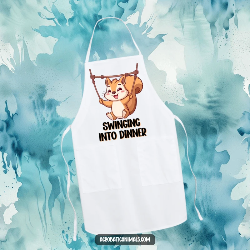 Funny apron showing a mischievous squirrel artistically swinging from a trapeze, making kitchen duties a fun and humorous affair.