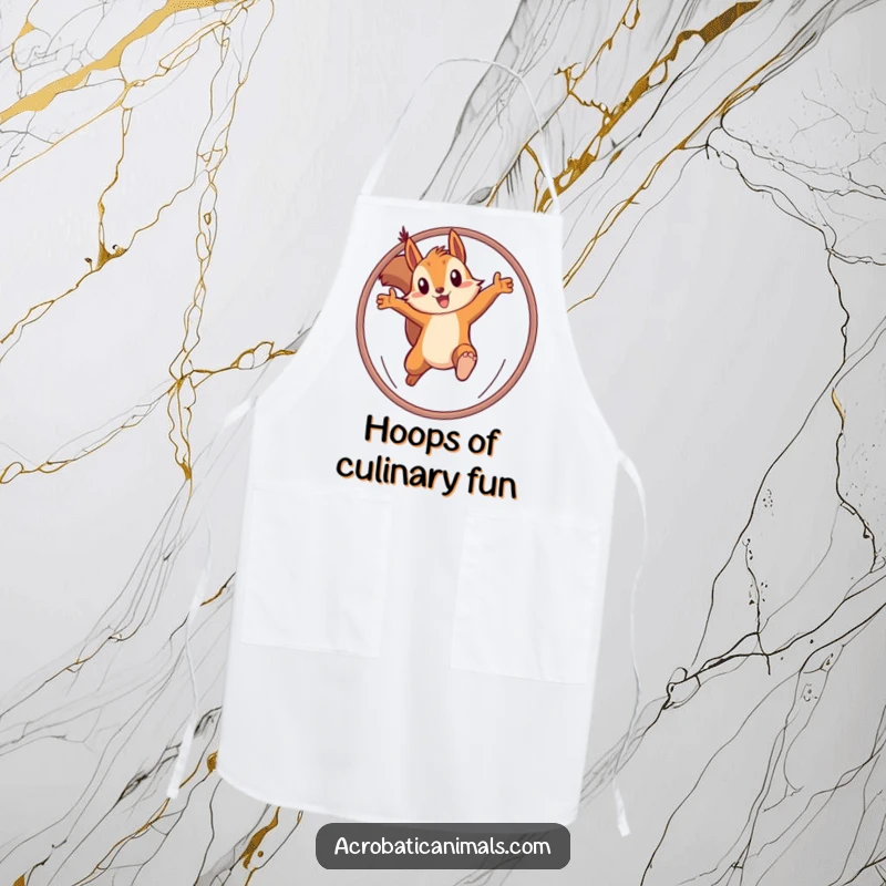 Funny apron depicting a determined squirrel leaping through a hoop, adding humor and a sense of purpose to cooking. Excellent gift.
