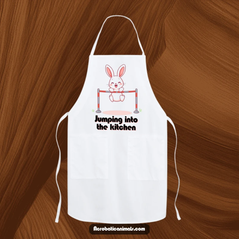 Funny rabbit apron depicting a high jump, perfect for kitchen cheer and a humorous, practical funny gift for chefs.