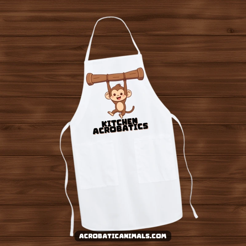 Funny monkey swinging apron, showing a mischievous monkey swinging from a bar. Humorous kitchen wear for those who enjoy playful cooking.