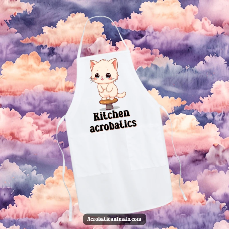 Funny Kitten Apron: A fluffy kitten balances on a spinning beam, adding a humorous touch to kitchen wear.