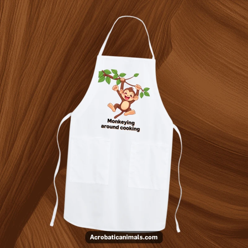 Funny Monkey Vine Swing Apron: Features a delighted monkey swinging from a vine, kitchen wear designed for chefs and home cooks who love humor.