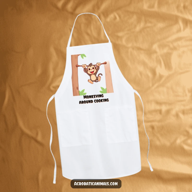 Funny apron depicting an energetic monkey swinging, adding a playful and humorous touch to kitchen activities. Excellent gift.