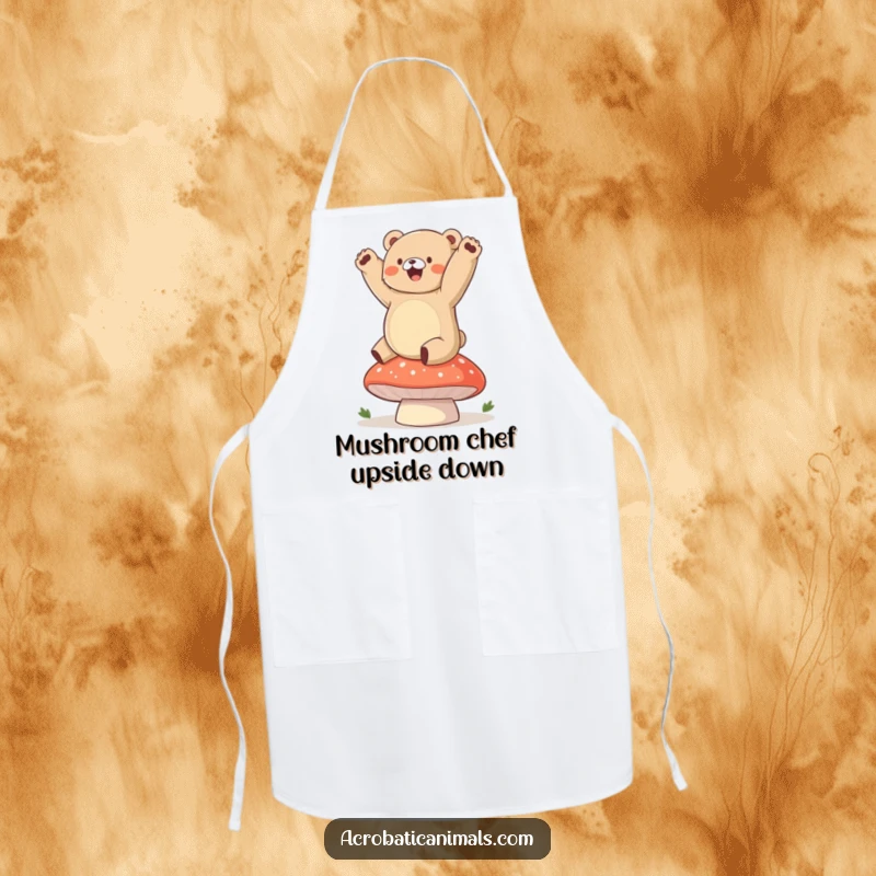 Funny bear apron displaying a chubby cub gleefully doing a handstand on a plump mushroom, a humorous kitchen accessory.