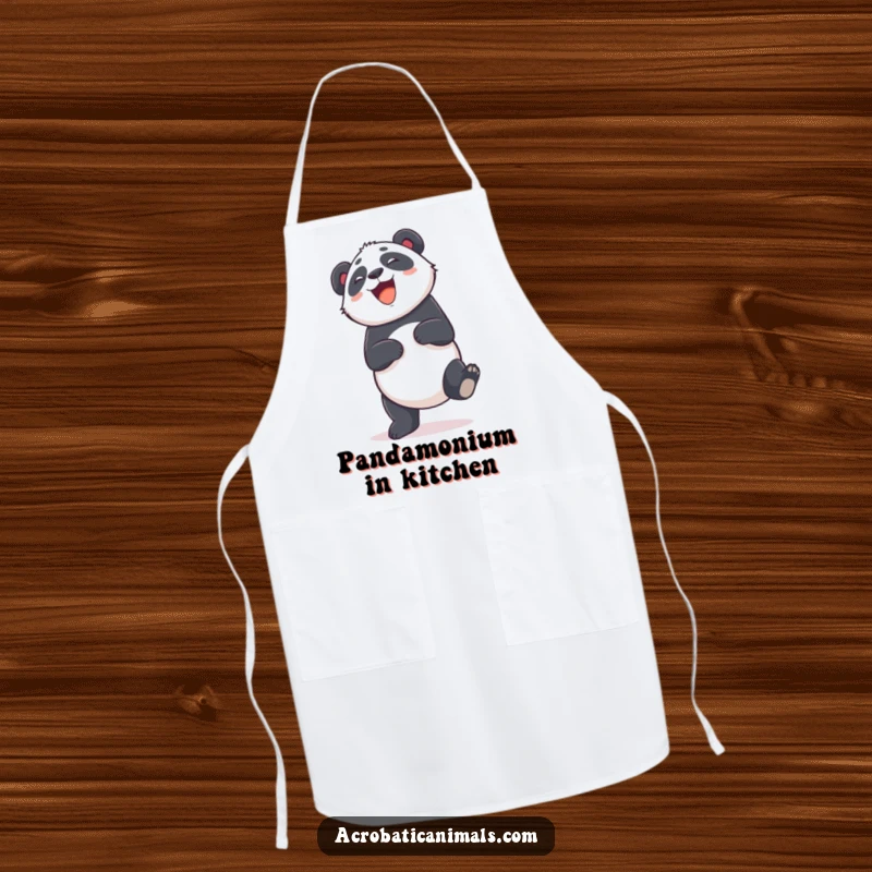 Funny apron depicting a giggling panda doing a cartwheel, adding humor and charm to kitchen activities. Excellent gift.