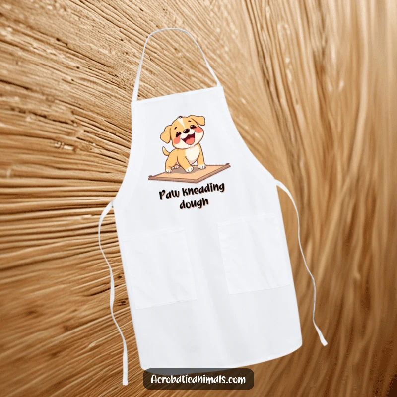 Funny Puppy Exercise Apron featuring a silly puppy tumbling on a mat, perfect for adding humor to kitchen tasks.