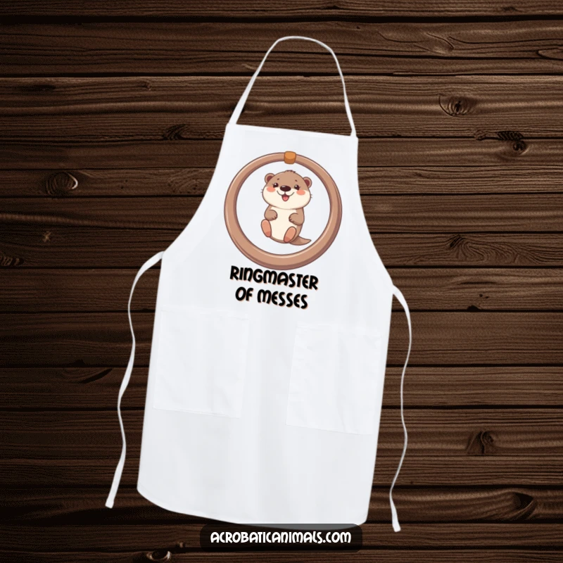 Funny apron with a smiling otter swinging from a ring, adding a splash of humor to kitchen activities.