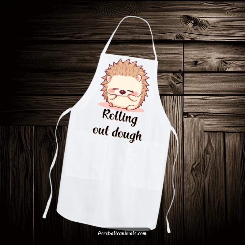 Funny hedgehog apron showing a small, fluffy hedgehog doing a forward roll with eyes closed, adding cuteness to kitchen activities.